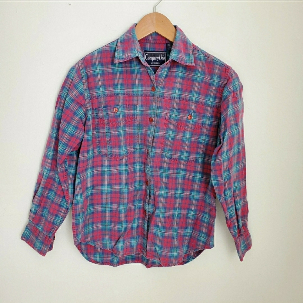 90s Vintage Pink & Blue Plaid Button Front Shirt - Picture 6 of 9